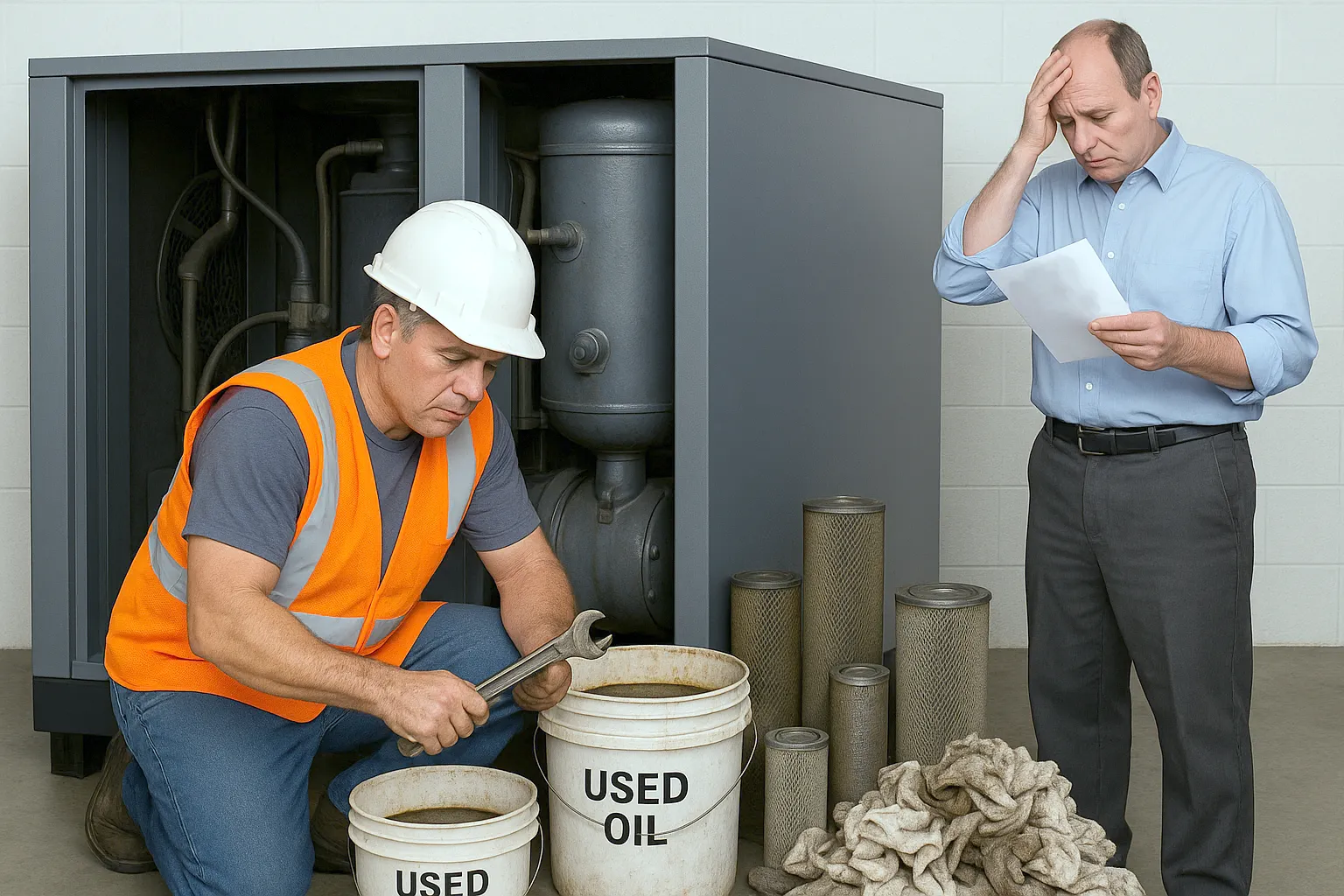 service technicians working on air compressor oil replacement